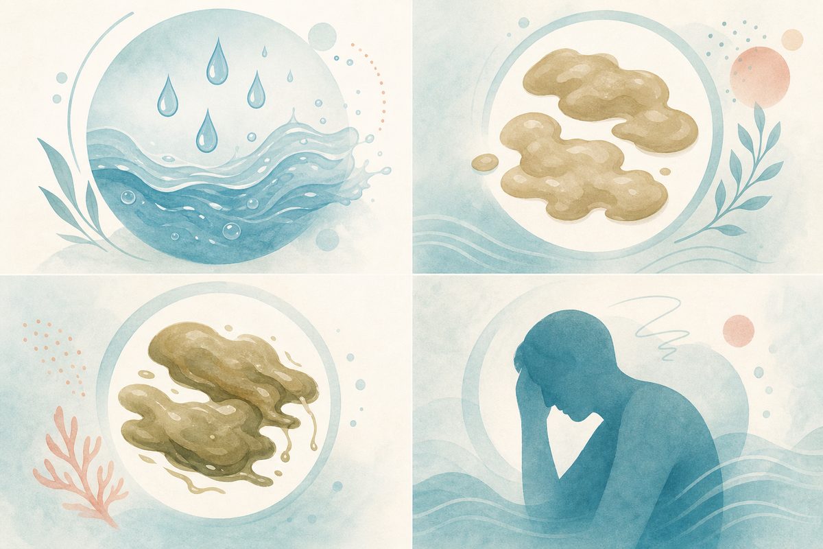 腹瀉常見表現示意：水瀉、便溏黏膩與排便後疲倦