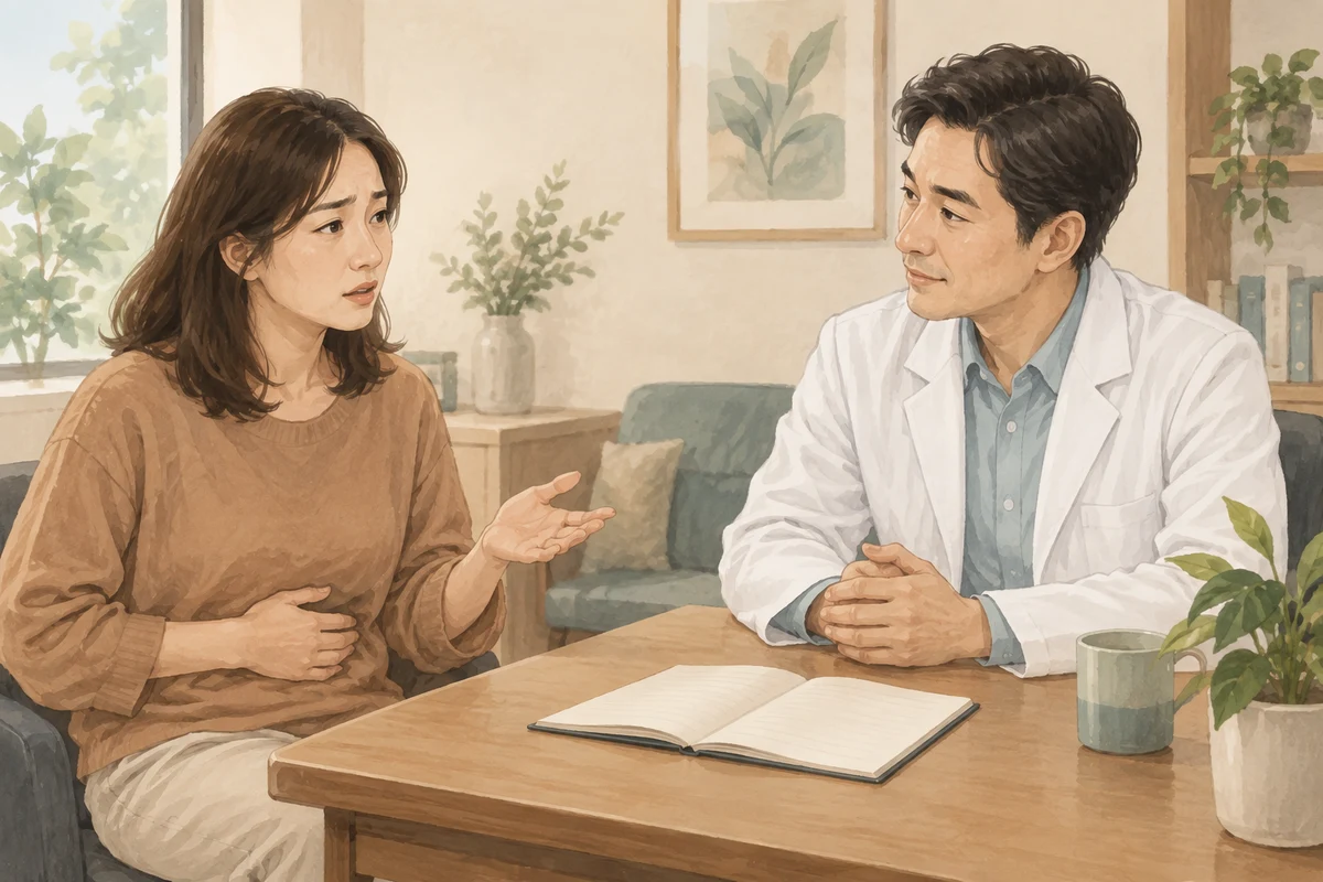 腹瀉就診評估與醫病討論情境插畫