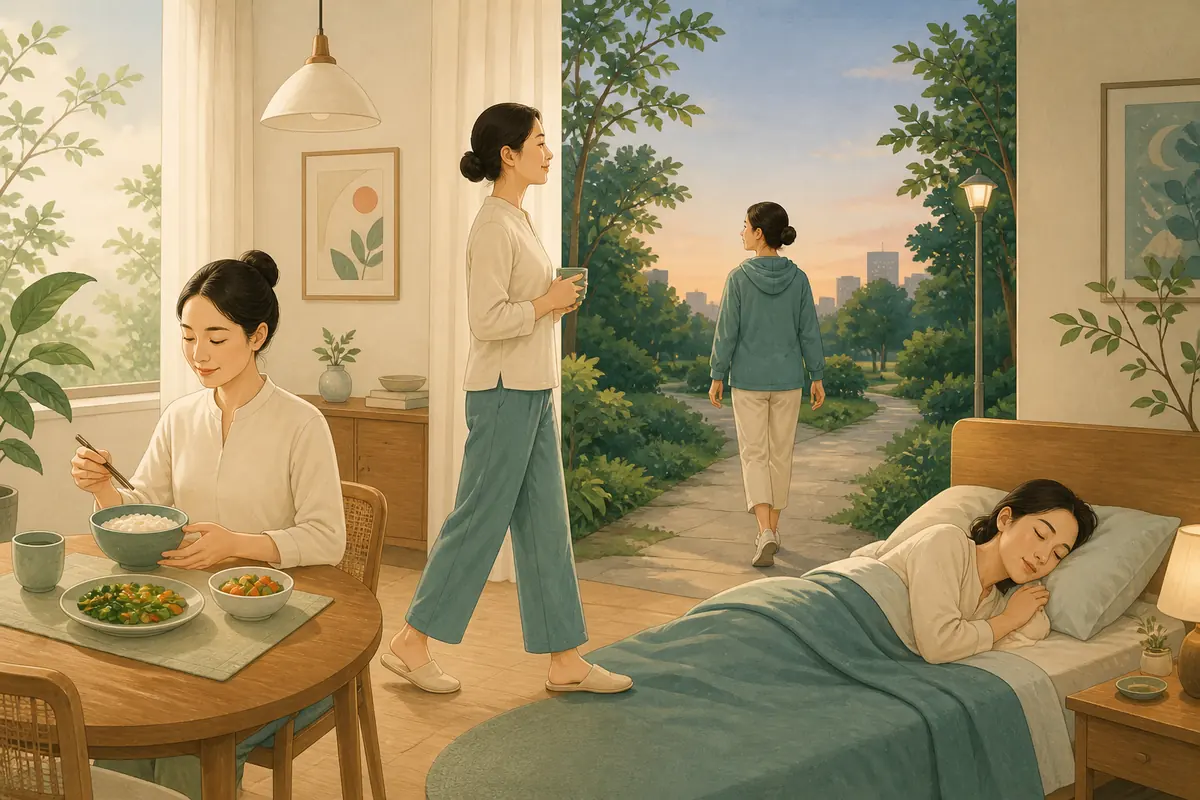 適量進食、飯後保持直立、散步與規律睡眠等日常照護情境插畫