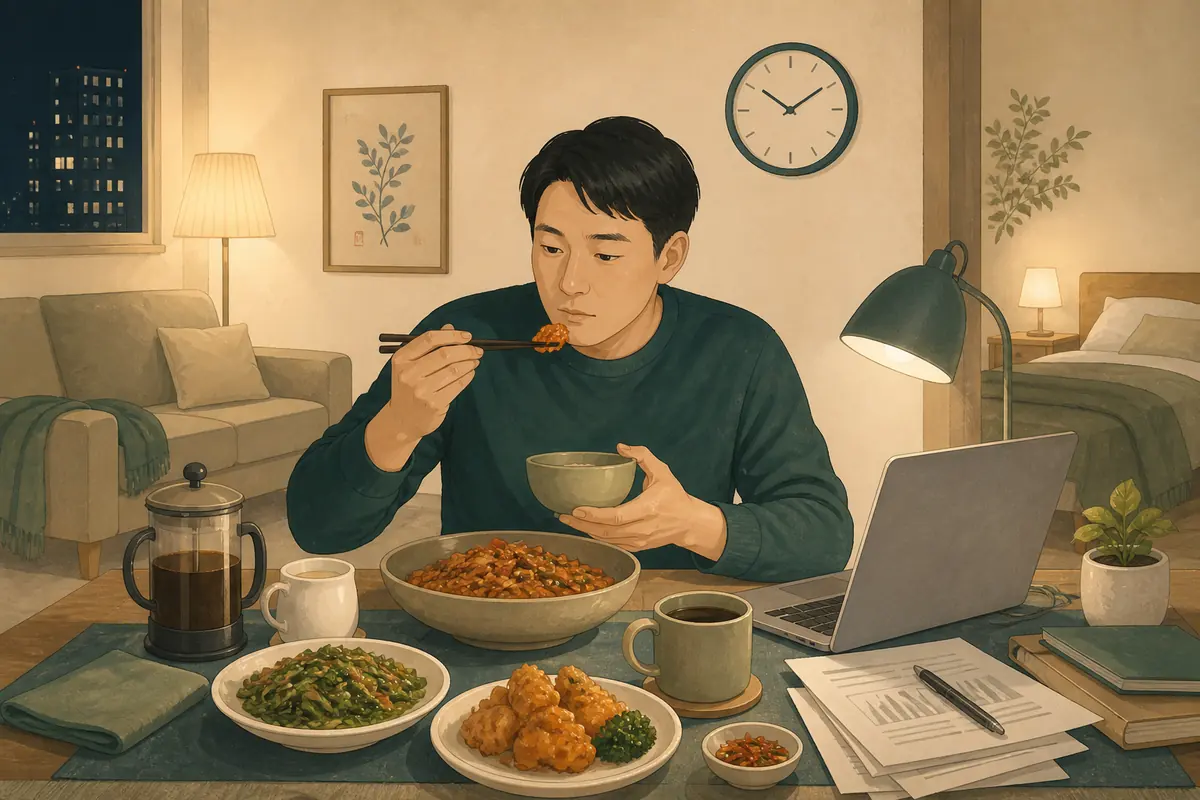晚間大量進食、油膩辛辣食物、咖啡與工作壓力等生活因素的插畫