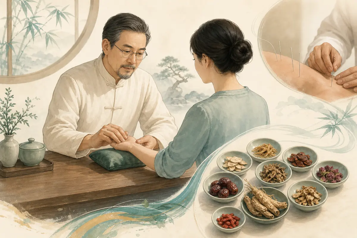 中醫師進行脈診並依個別狀況安排單味藥組方與針灸的概念圖