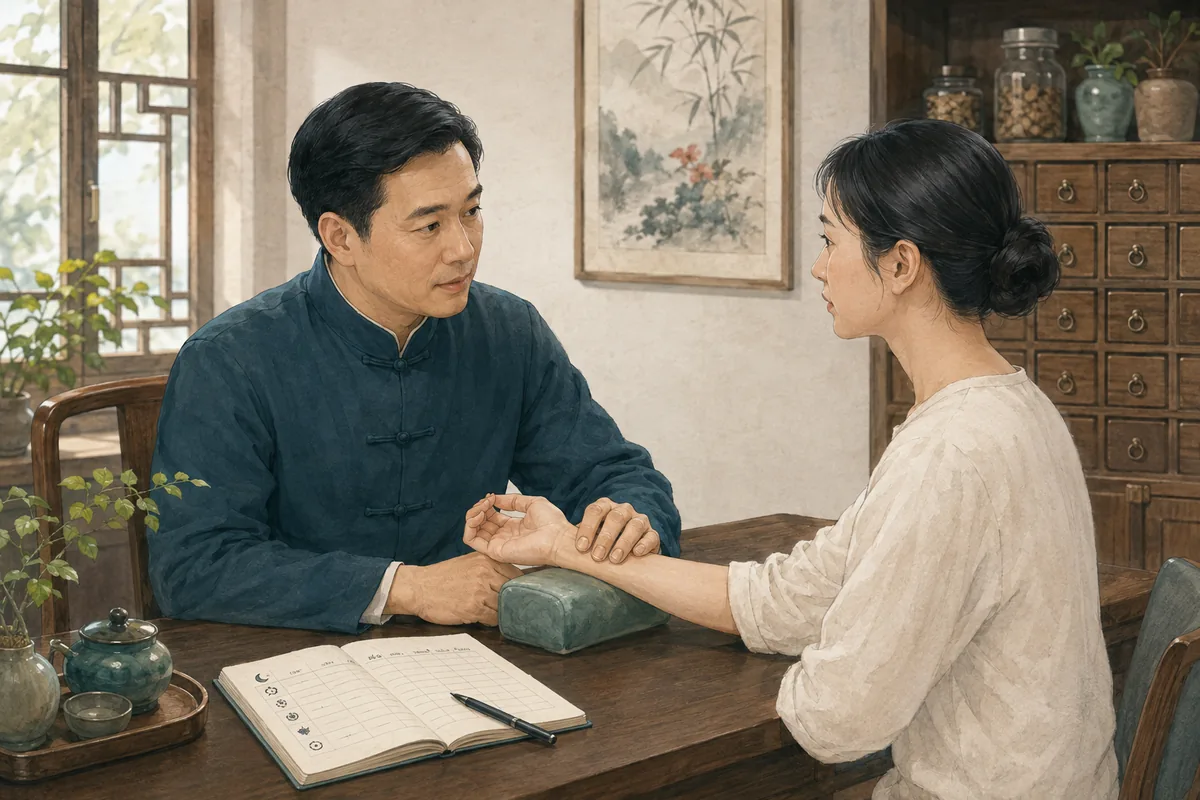 中醫師透過問診與脈診評估失眠狀況的概念插畫