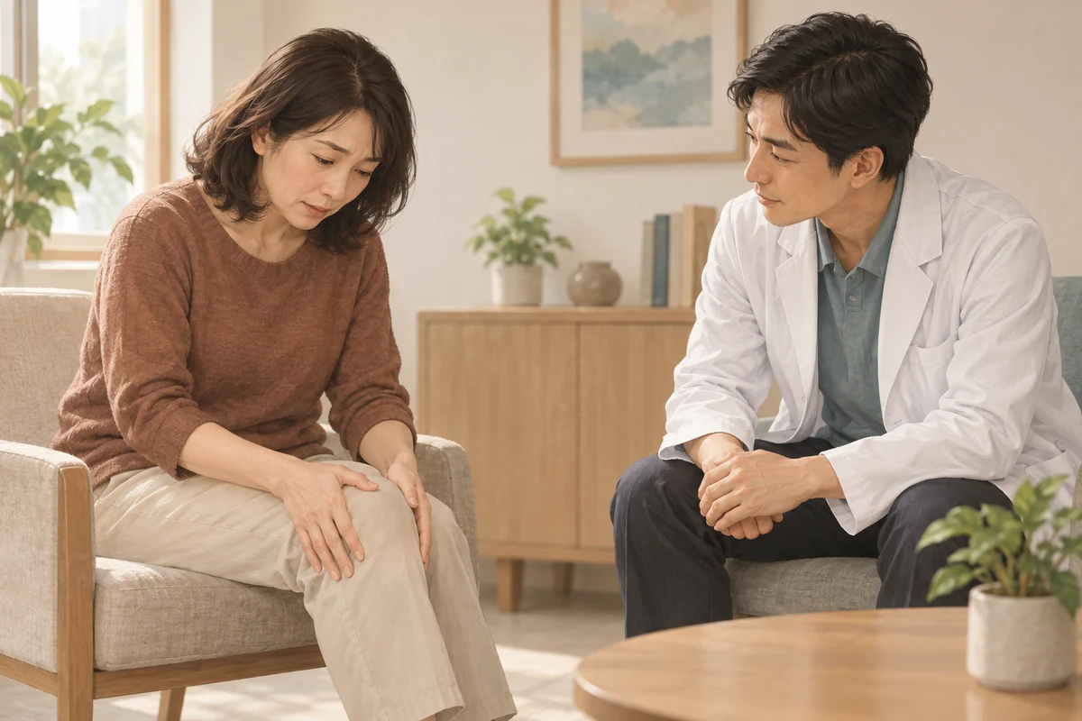 膝痛就診評估與醫病討論情境插畫
