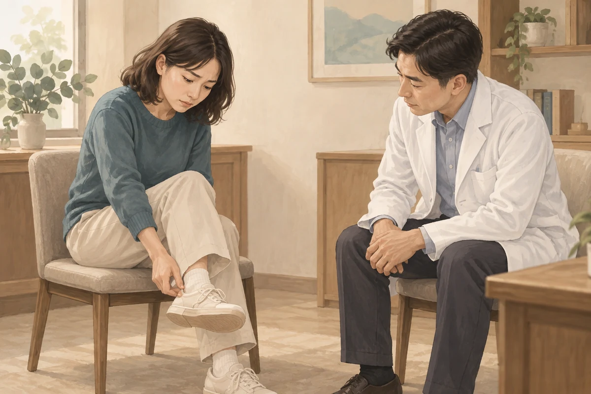 足底痛就診評估與醫病討論情境插畫