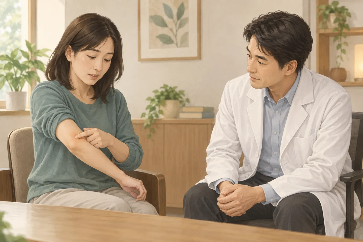 網球肘就診評估與醫病討論情境插畫
